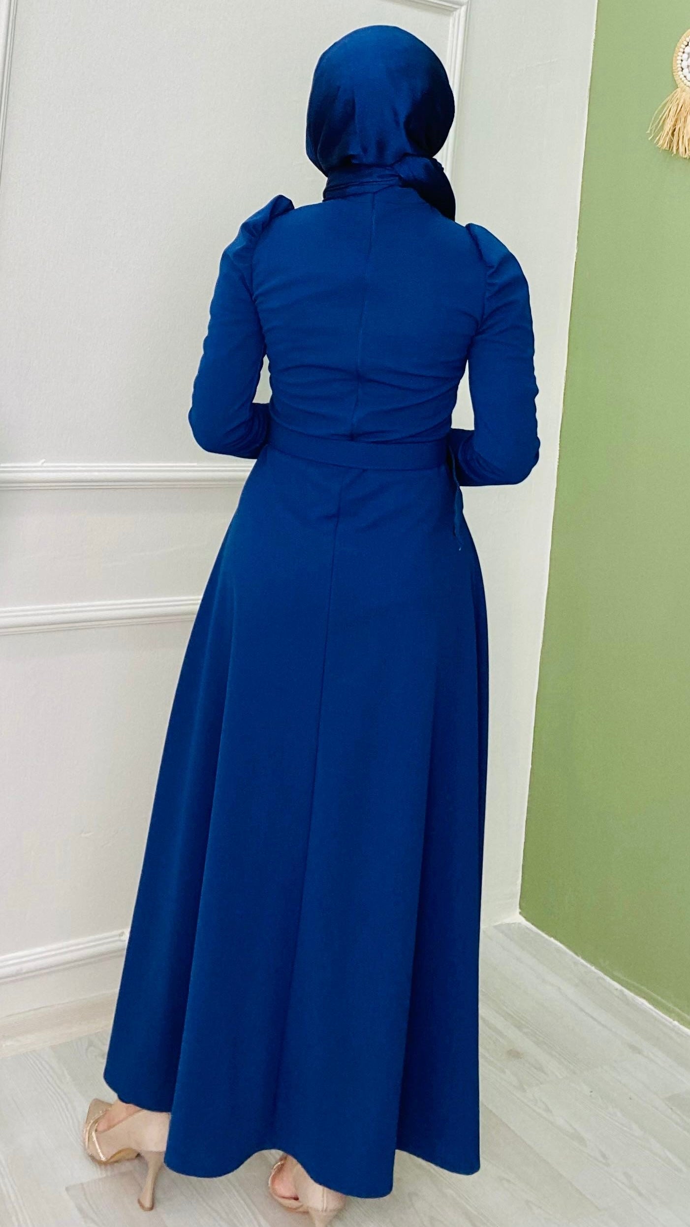 Belted Balloon Sleeve Crepe Dress Navy Blue