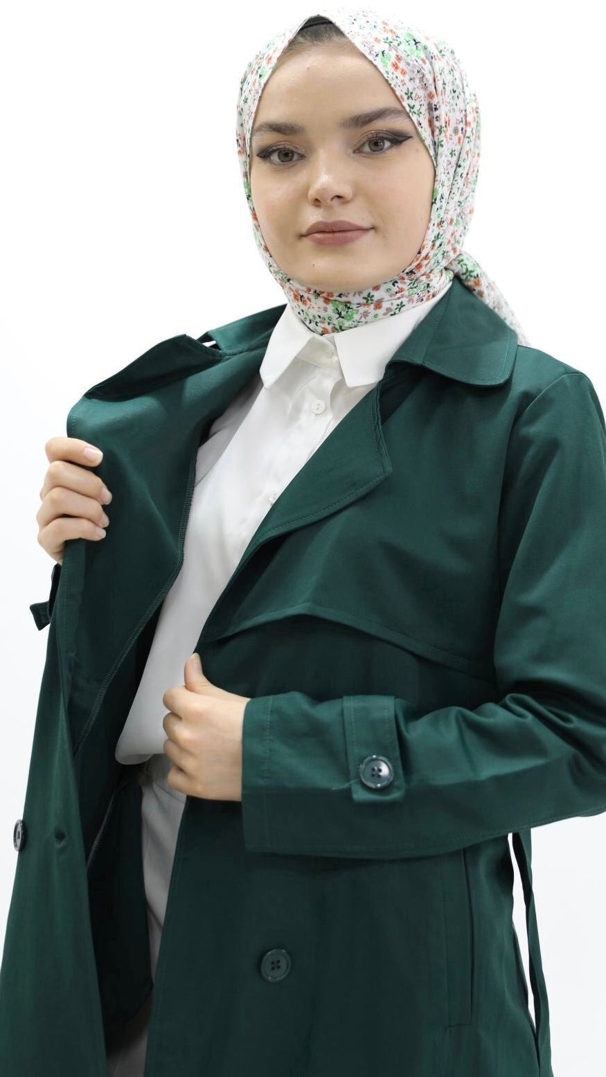 Button and Waist Lace Trench Green