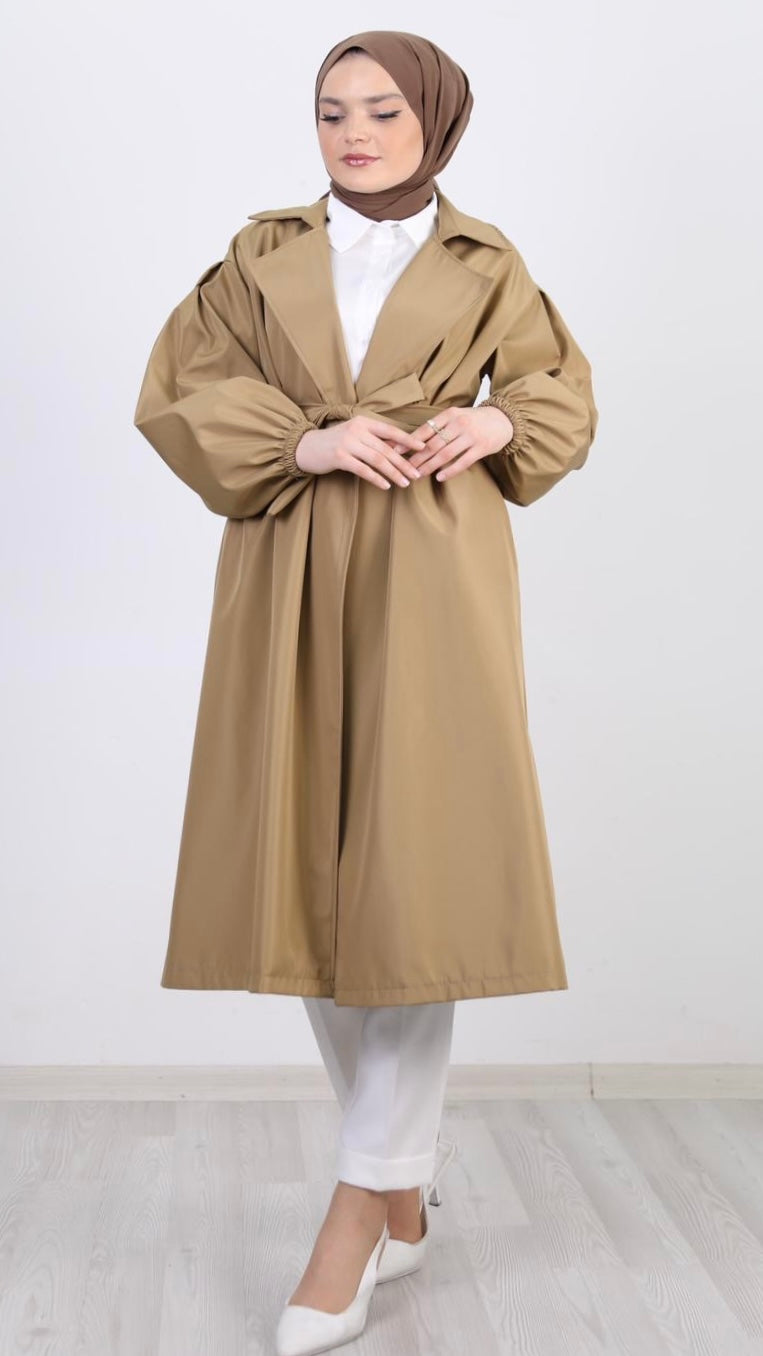 Balloon Sleeve Belted Trench Camel