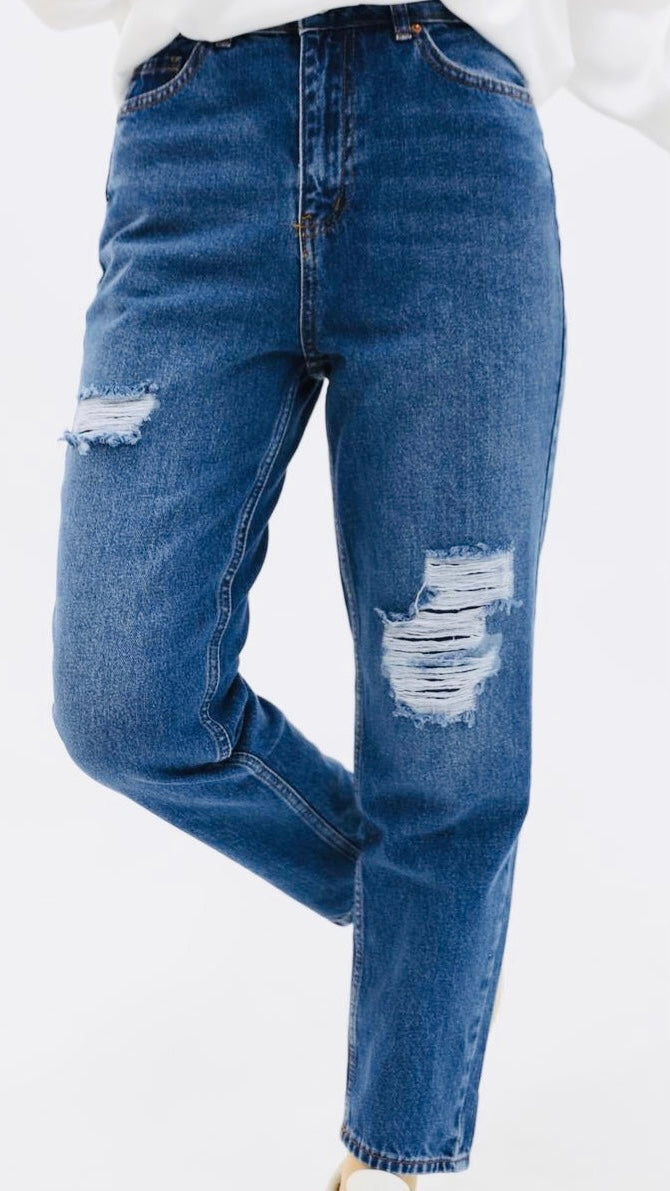 Mom Jean Dizleri Yırtmaçlı Pantolon Mavi