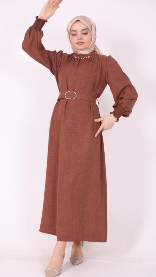 Stoned Collar Belted Dress Brown
