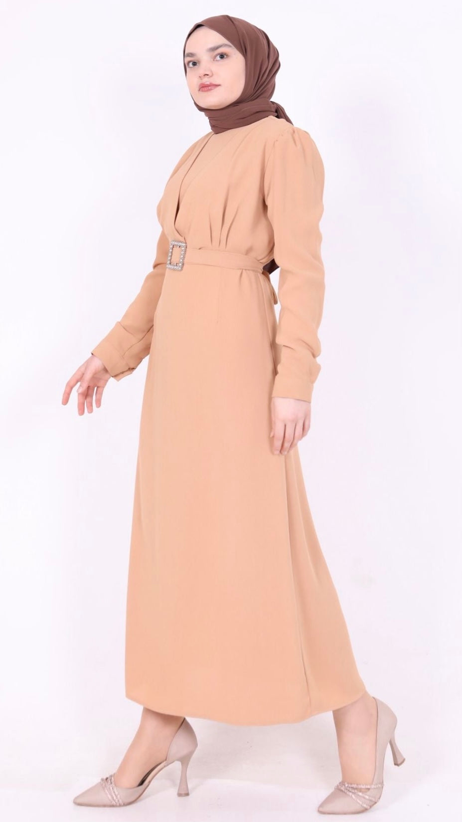 Kemerli Kalem Elbise Camel