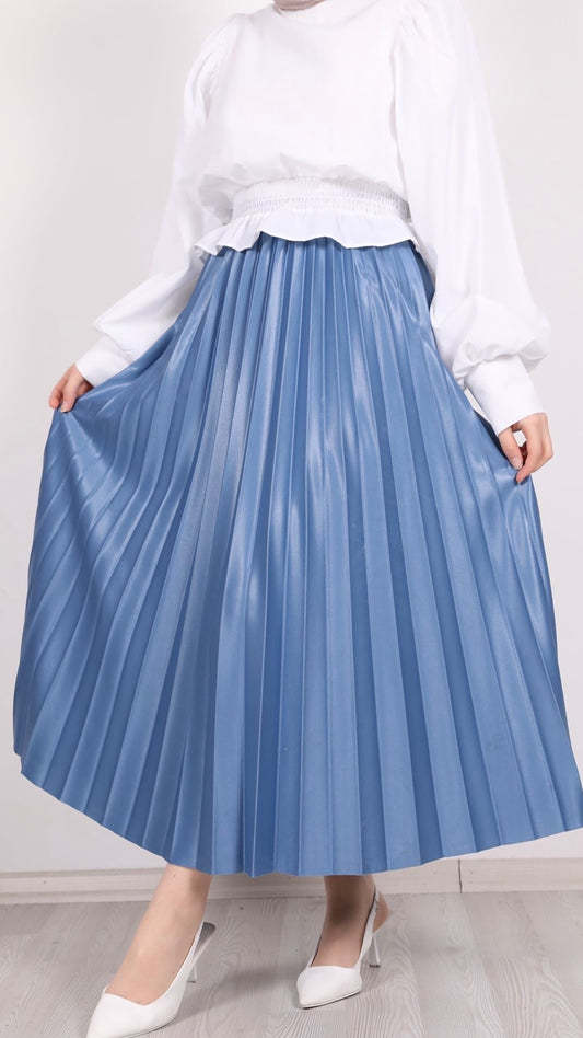 Leather Look Pleated Skirt Blue