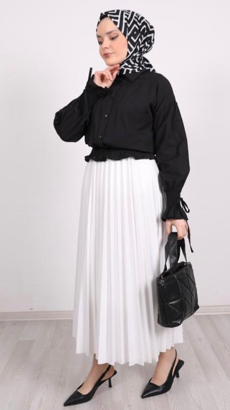 Sleeve and Waist Gathered Blouse Black