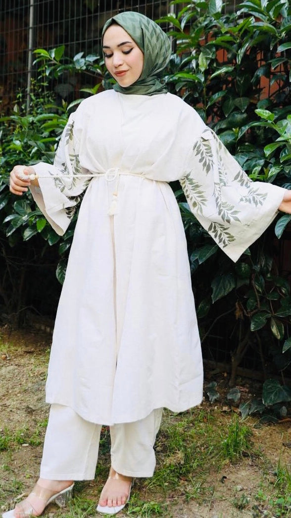 Kolları Desenli Kuşaklı Kimono Takım