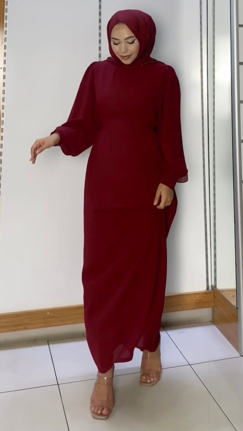 Belden Bağlamalı Krep Kumaş Elbise Bordo