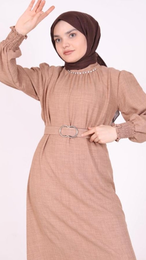 Stoned Belted Dress Camel