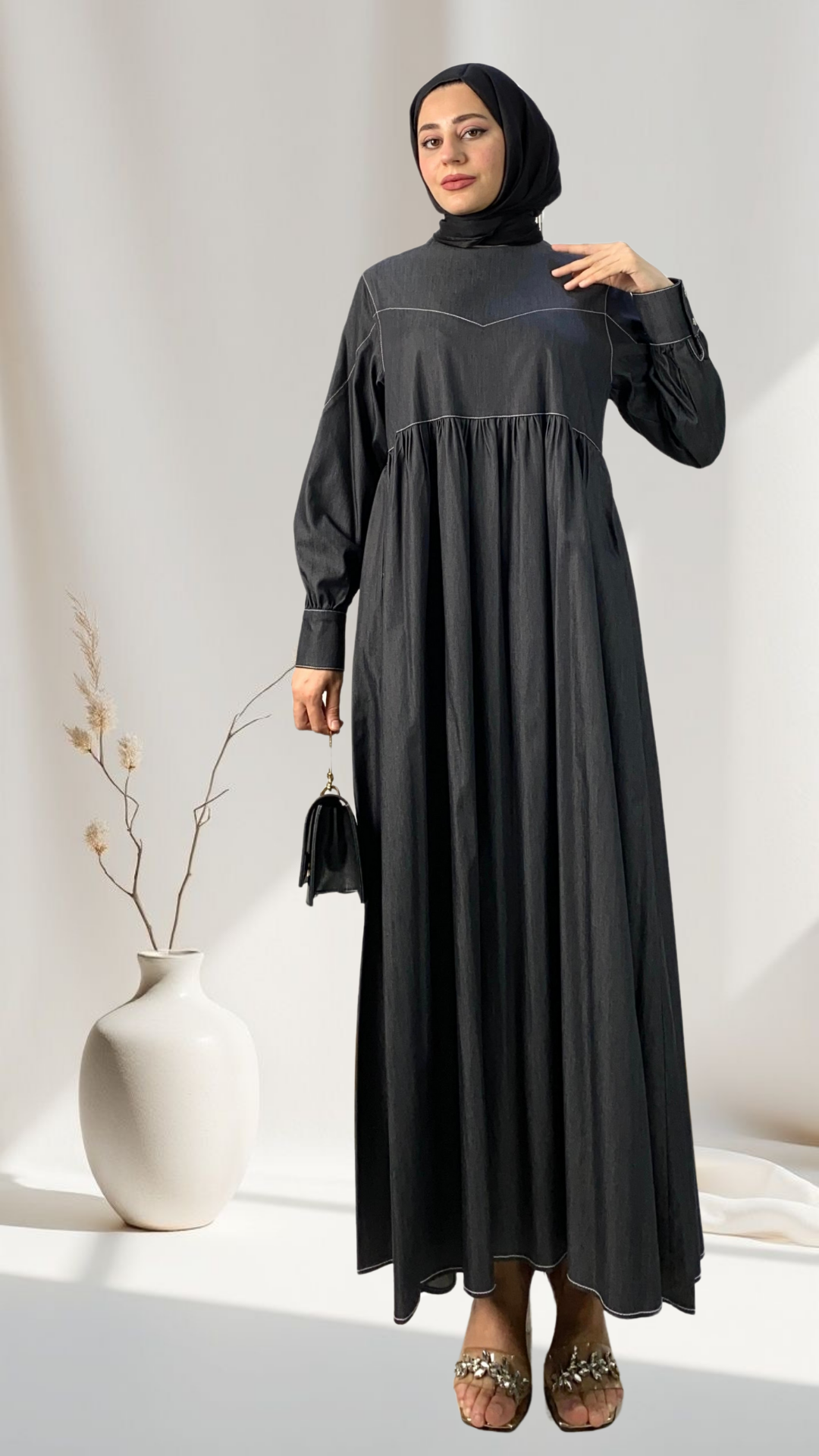 Stitching Detailed Denim Dress Black