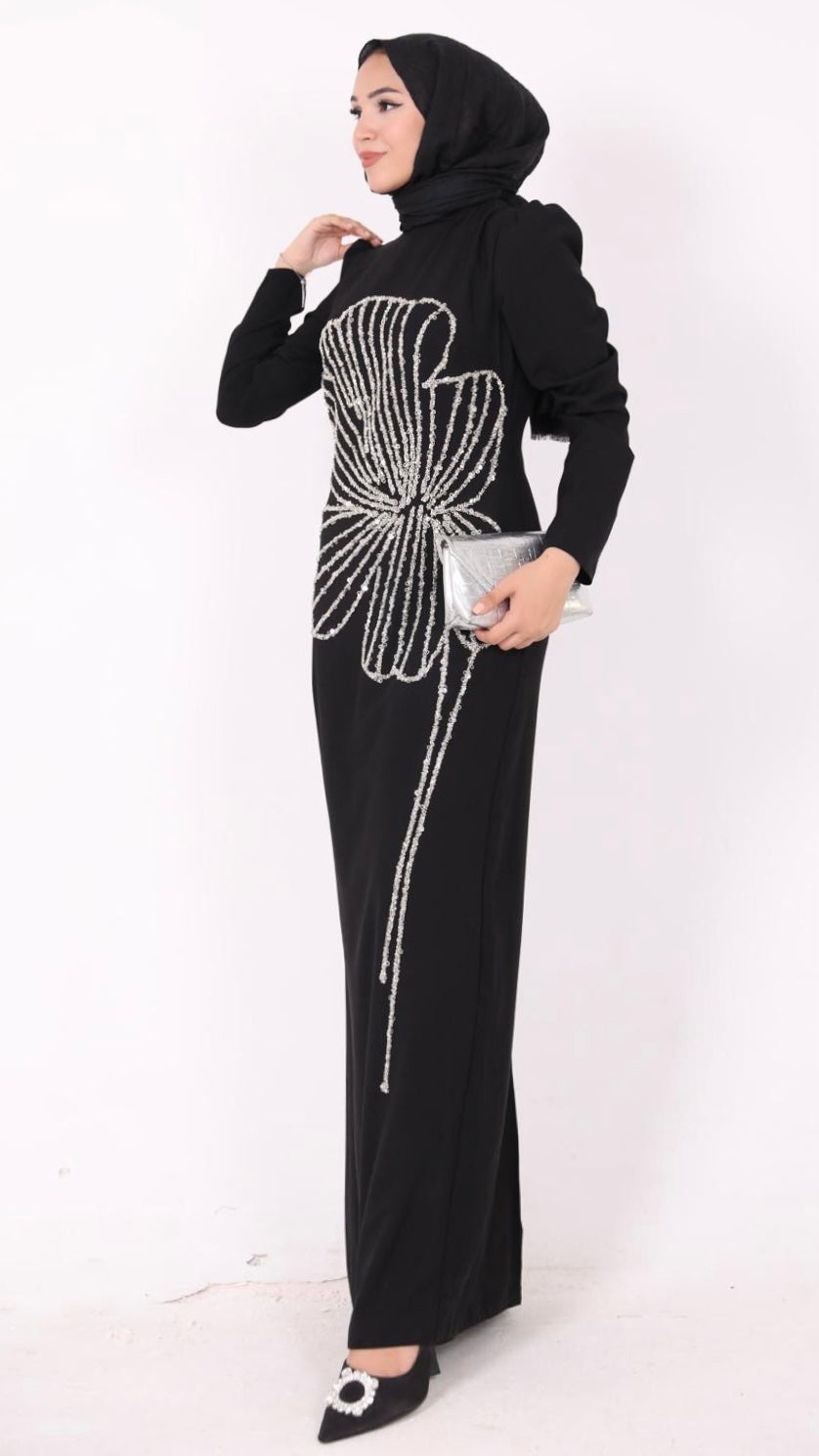 Nursema Model Yaprak Desenli Abiye Siyah