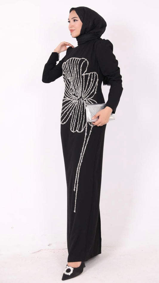 Nursema Model Yaprak Desenli Abiye Siyah