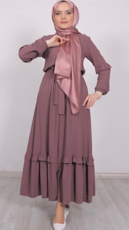 Dusty Rose Abaya with Frilled Skirt and Sleeves