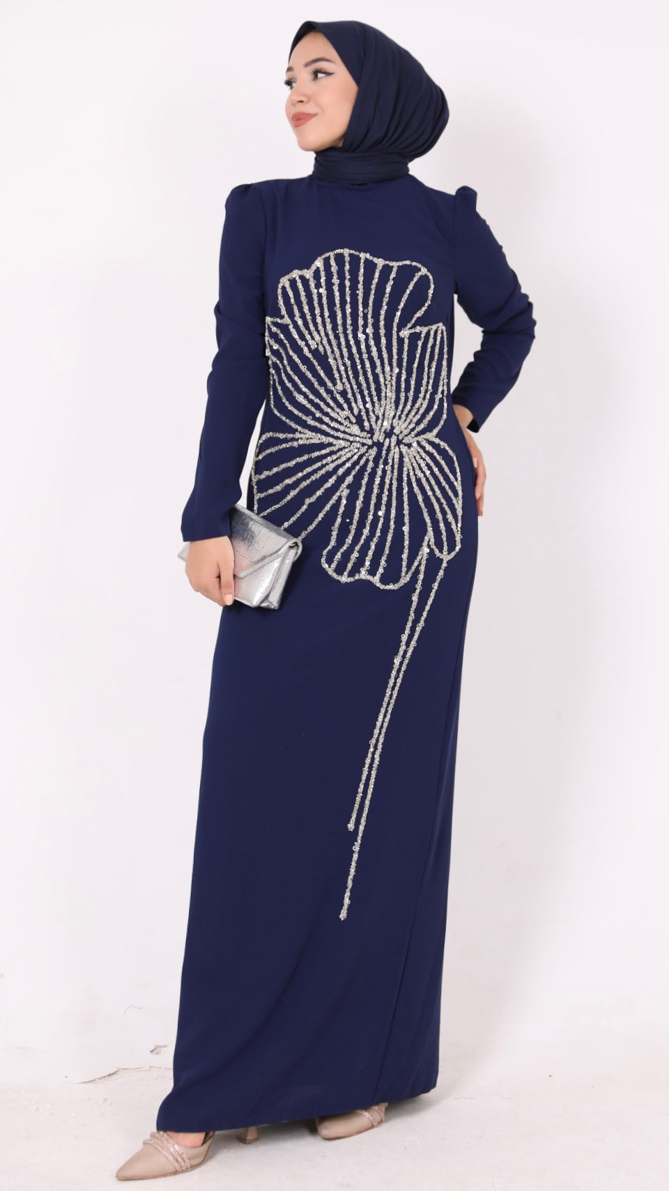 Nursema Model Yaprak Desenli Abiye Lacivert