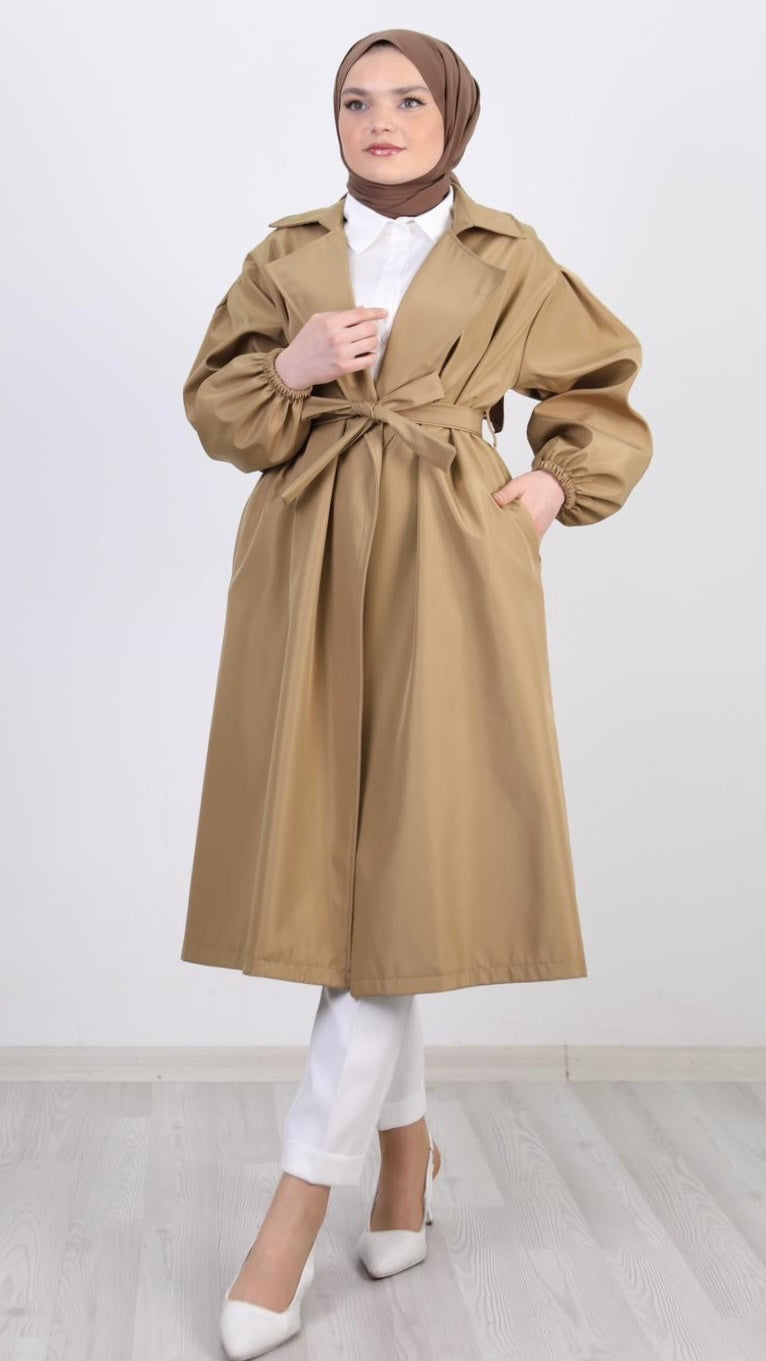 Balloon Sleeve Belted Trench Camel
