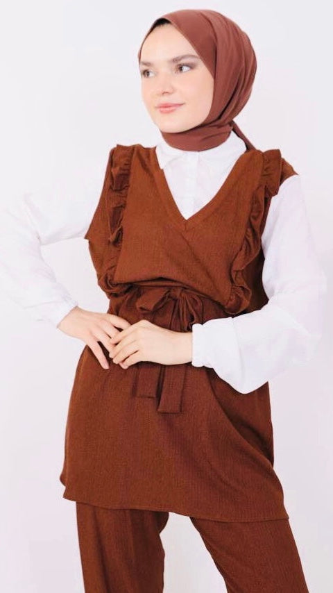 Ruffle Front Shirt Detailed Set Brown