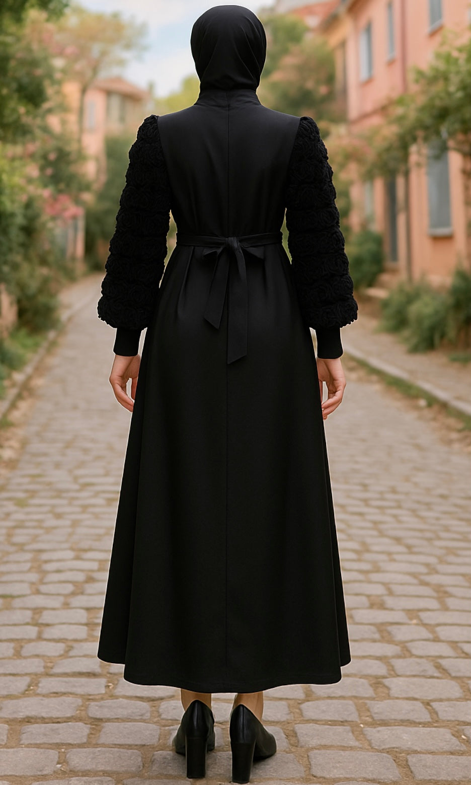 Kolu Gül Modelli Saten Abiye Siyah