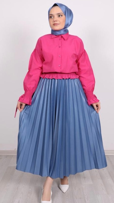 Kol ve Bel Büzgülü Bluz Pembe