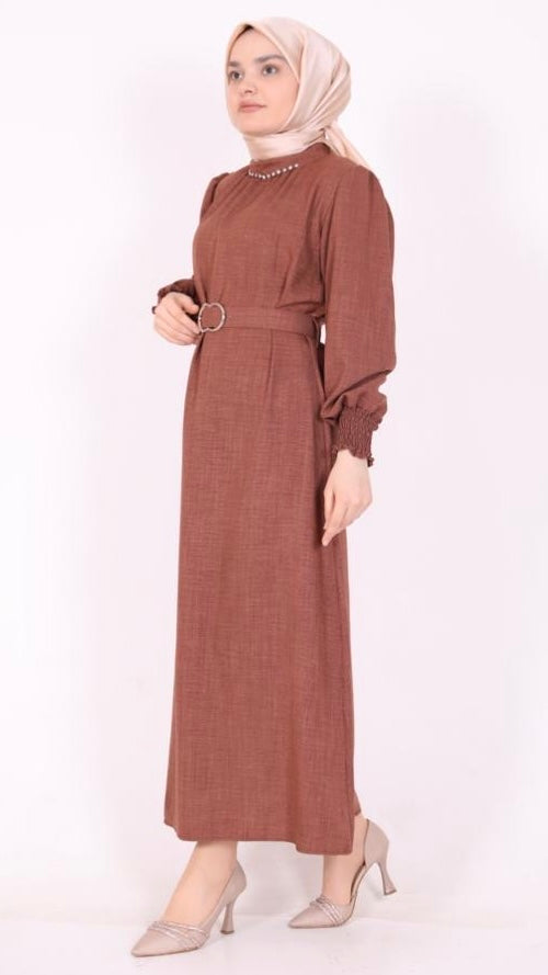 Stoned Collar Belted Dress Brown