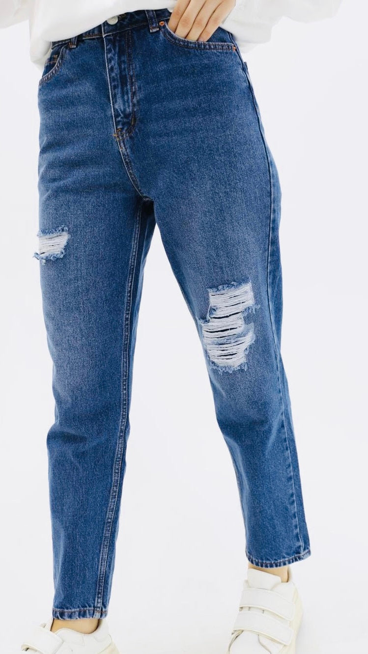 Mom Jean Dizleri Yırtmaçlı Pantolon Mavi
