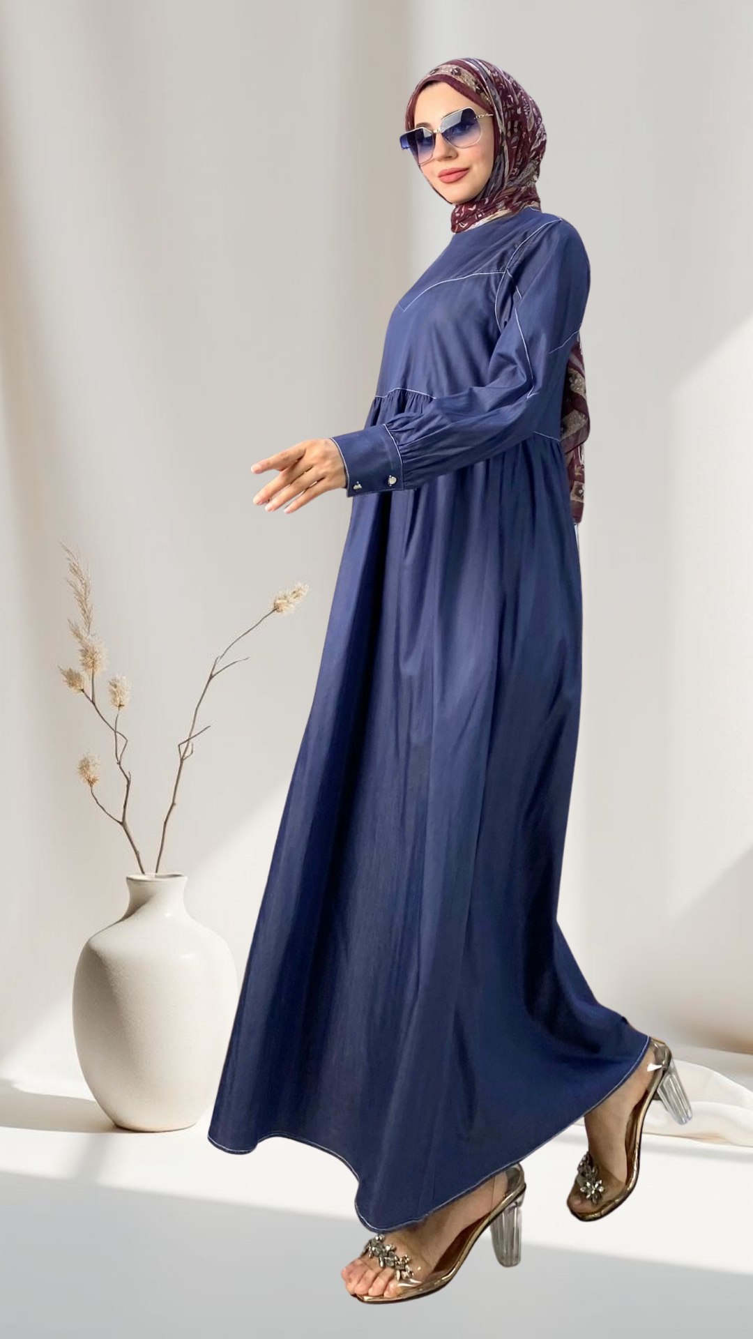 Stitching Detailed Denim Dress Blue