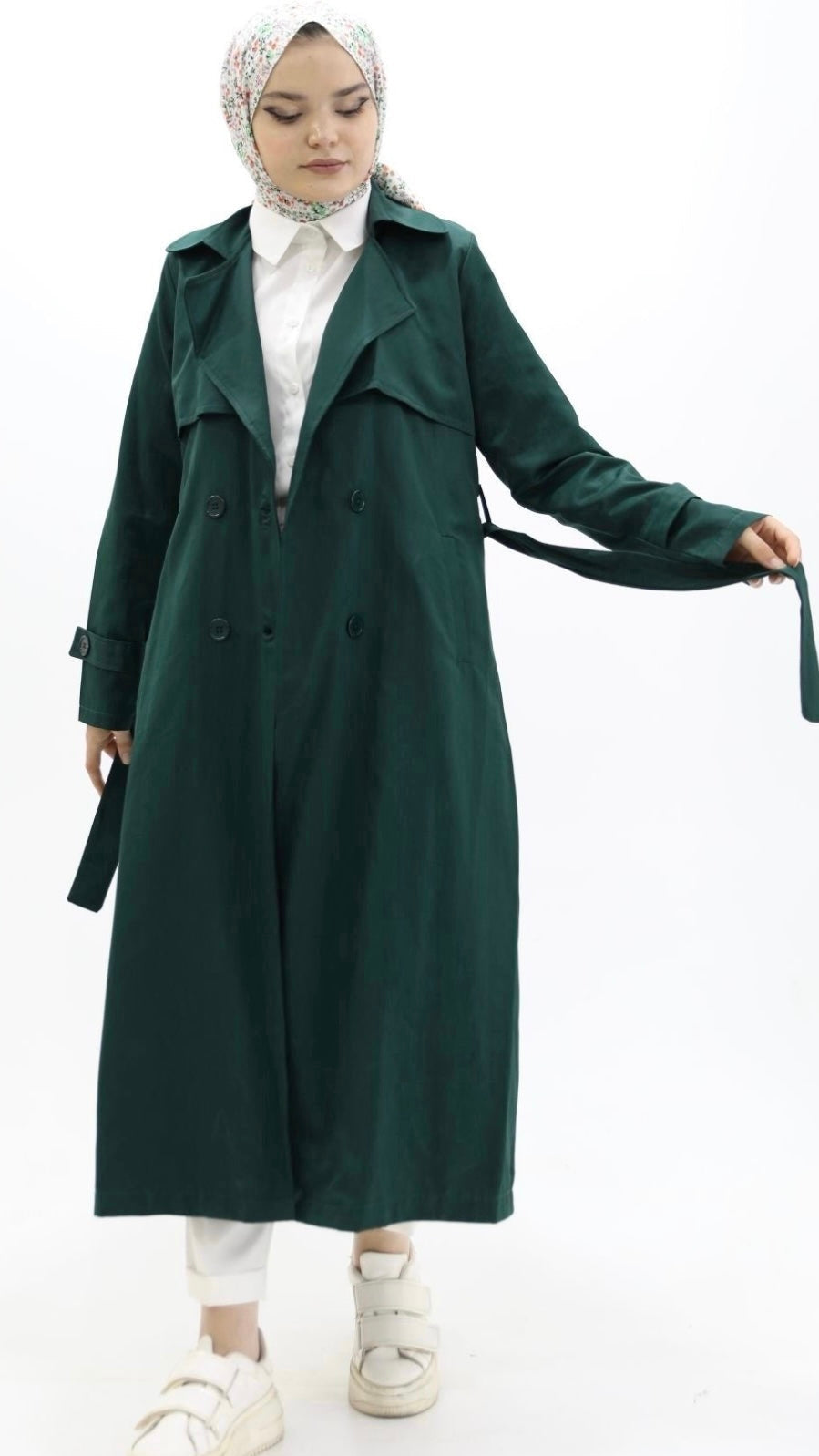 Button and Waist Lace Trench Green