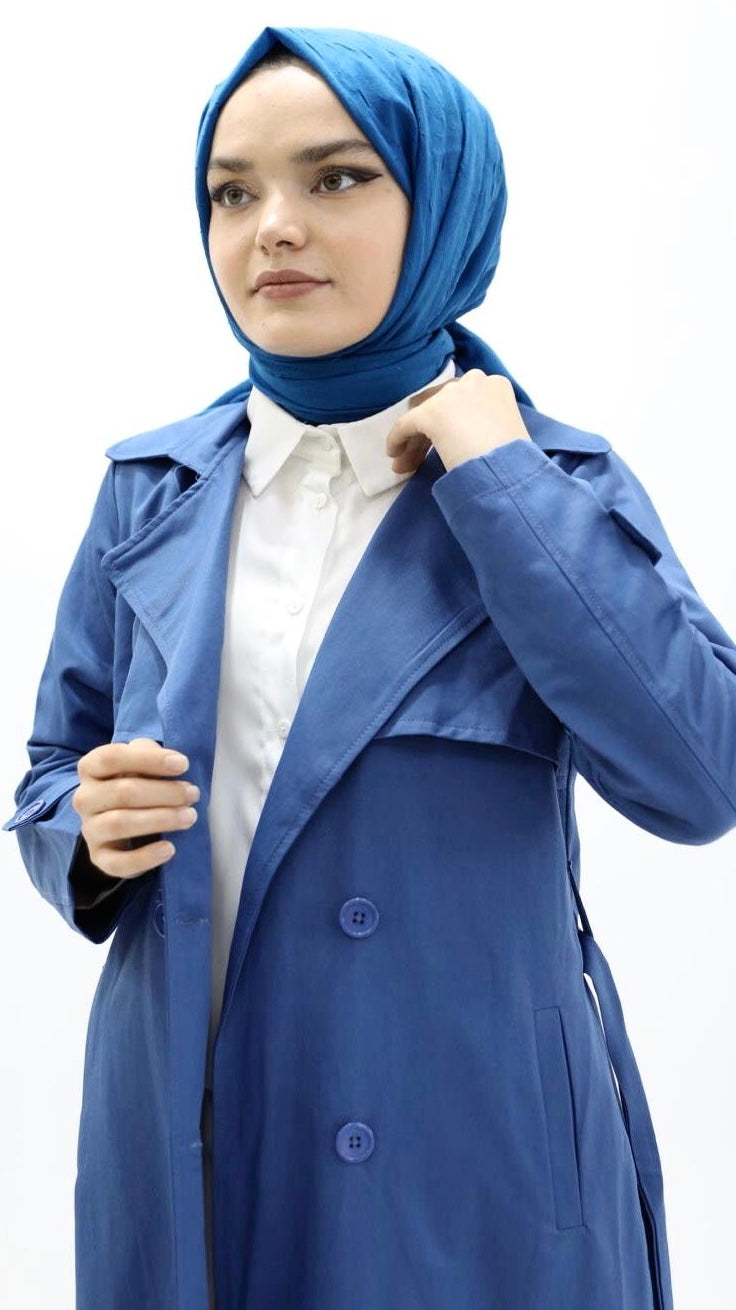 Düğme ve Bel Bağcıklı Trenç Mavi