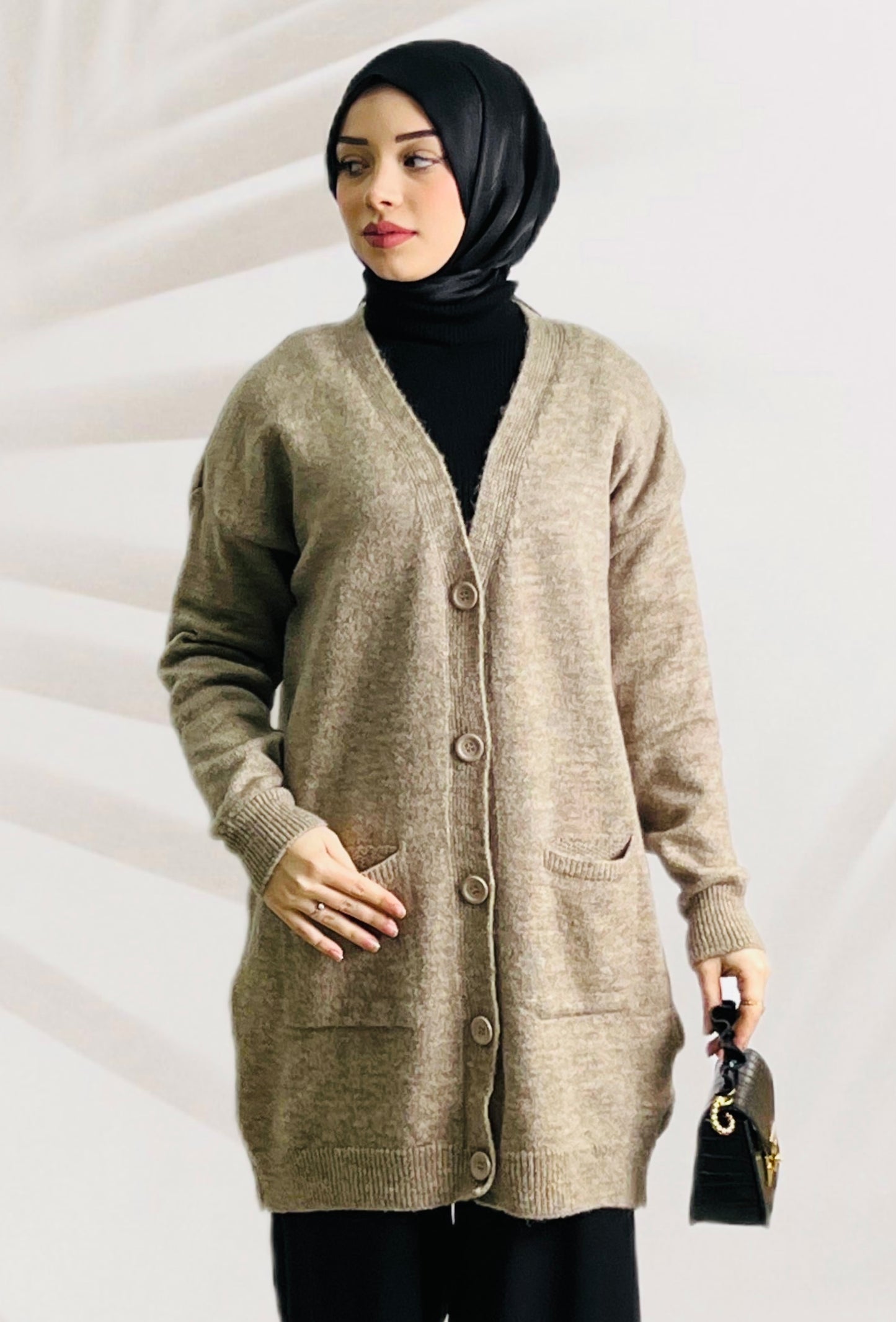 Cepli ve Düğmeli Araboy Hırka Vizon