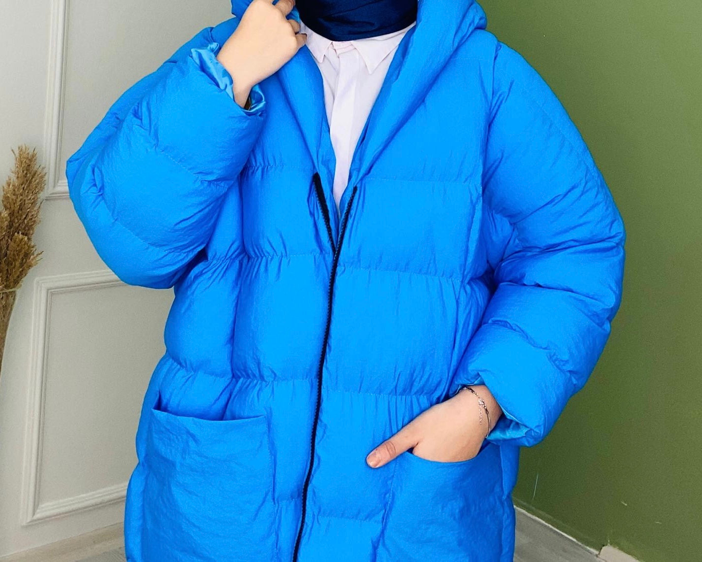 Tam Boy Çift Cepli Şişme Mont Mavi