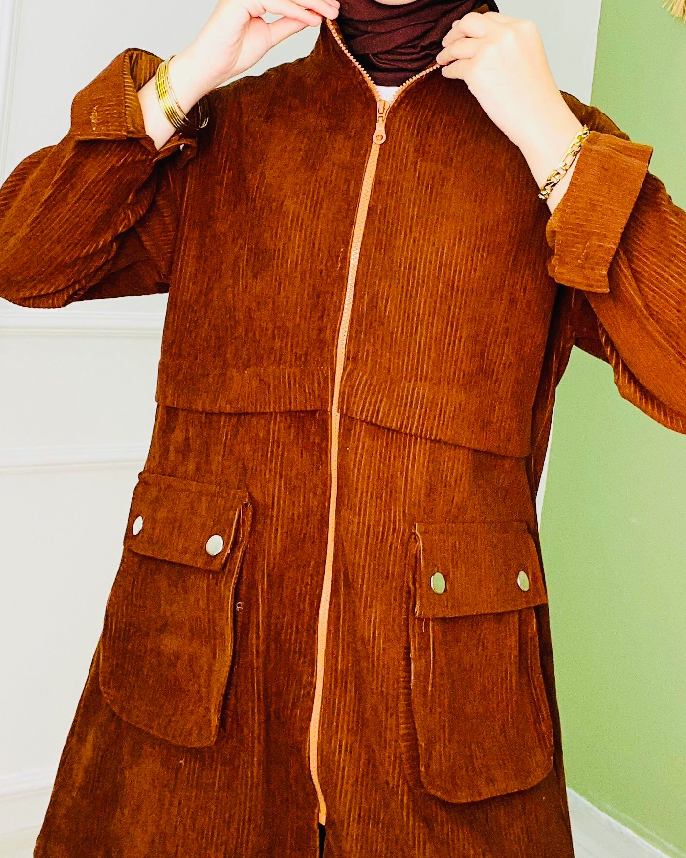 Cep Detaylı fermuarlı Kadife Ceket Kahve