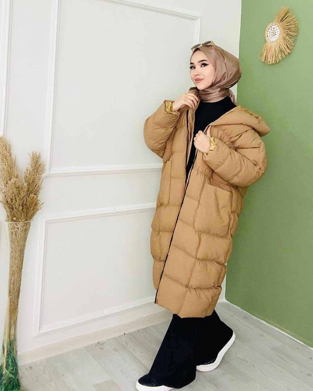 Tam Boy Çift Cepli Şişme Mont Camel