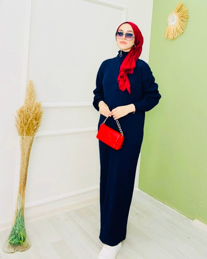 Yarım Boğaz Fermuarlı Triko Elbise Lacivert