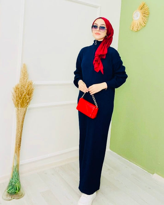 Yarım Boğaz Fermuarlı Triko Elbise Lacivert