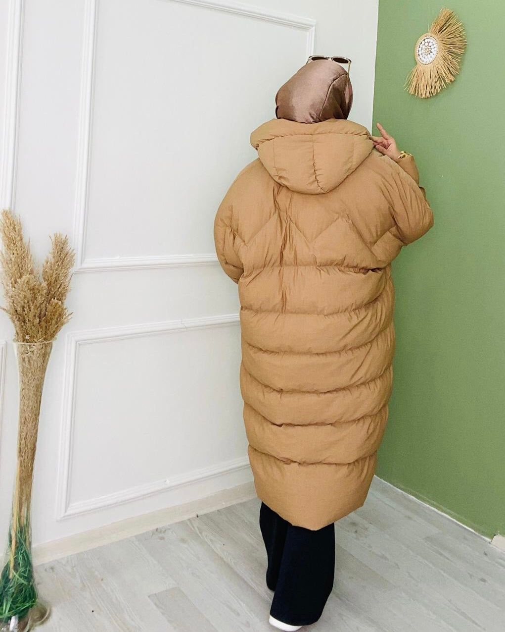 Tam Boy Çift Cepli Şişme Mont Camel