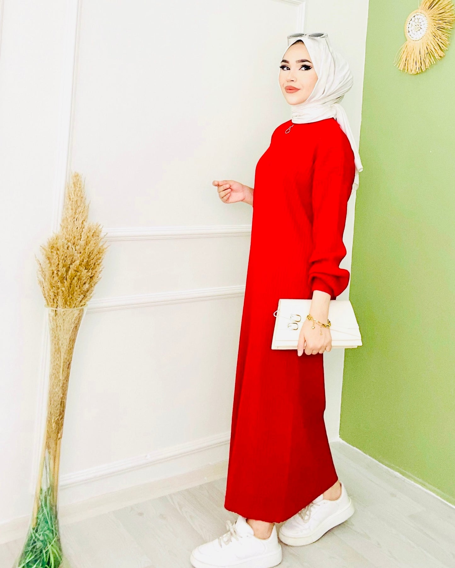 Yarım Boğaz Fermuarlı Triko Elbise Kırmızı