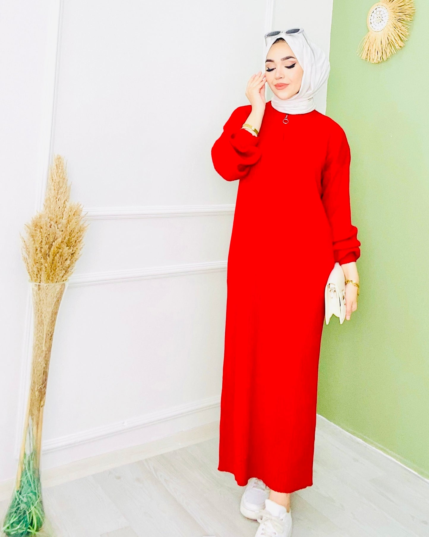 Yarım Boğaz Fermuarlı Triko Elbise Kırmızı