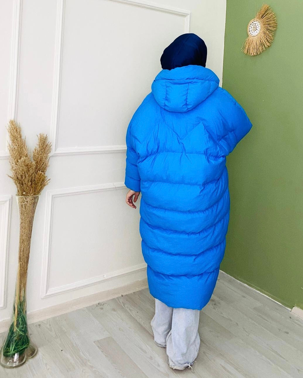 Tam Boy Çift Cepli Şişme Mont Mavi