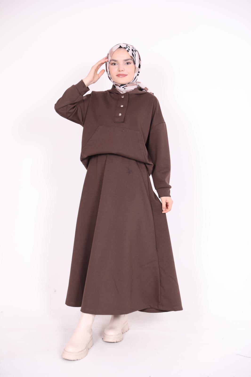 Kangaroo Pocket Hooded Skirt Set Brown