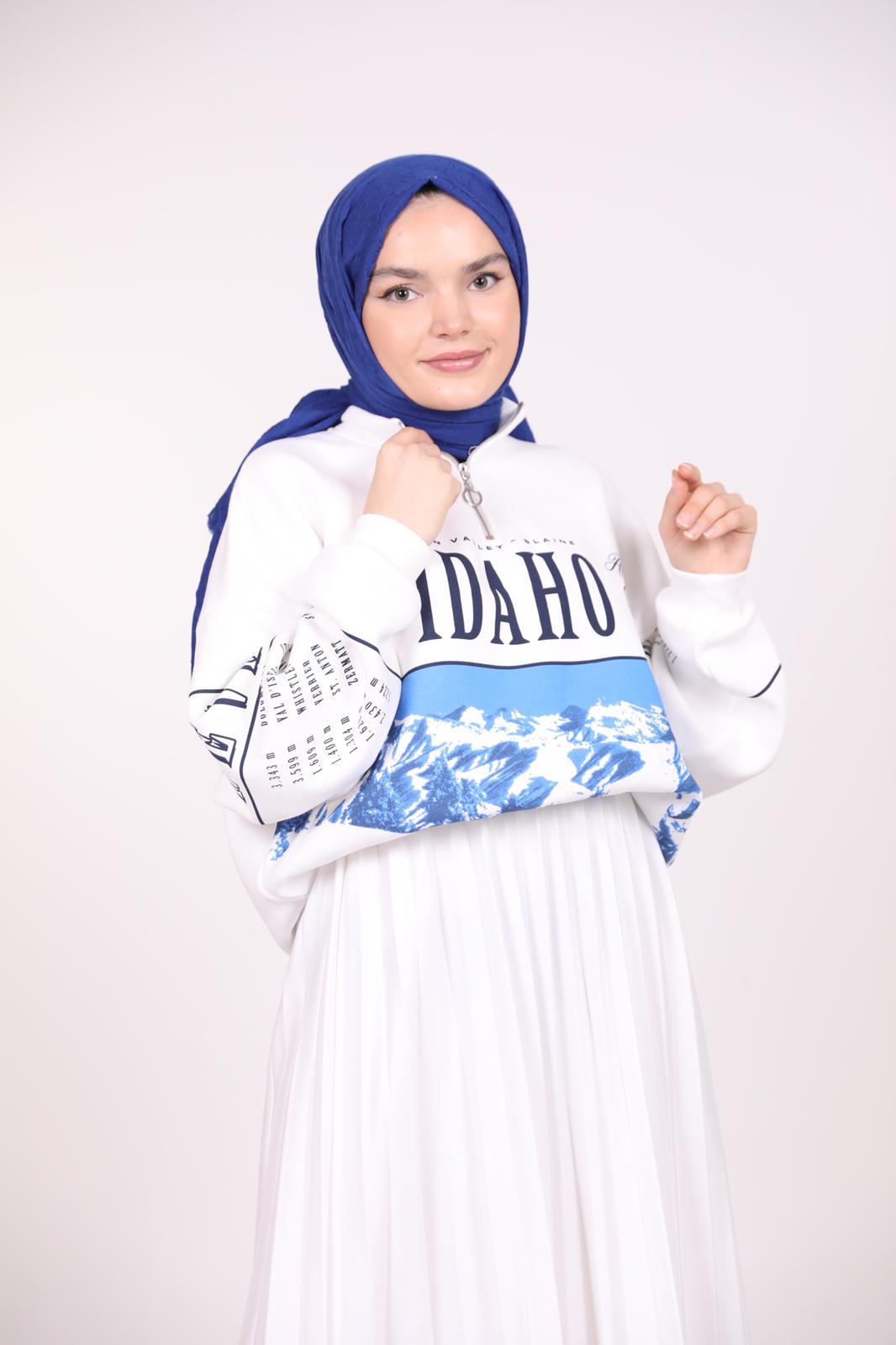Üç İplik Baskılı Kısa Sweat Beyaz