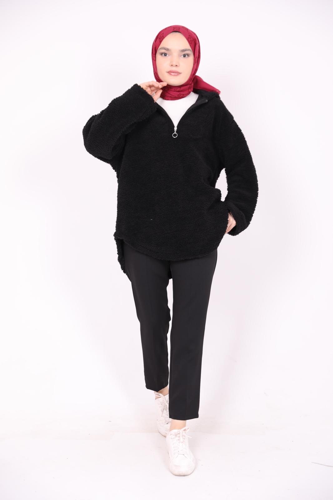 Kapşonlu Peluş Sweat Siyah