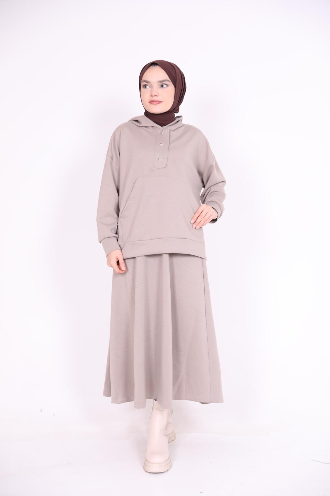 Kangaroo Pocket Hooded Skirt Suit Mink