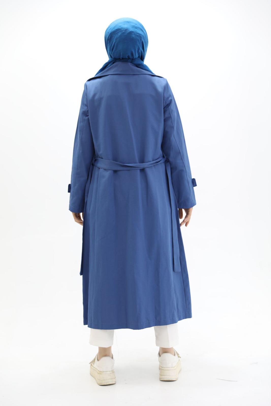 Button and Waist Lace Trench Blue