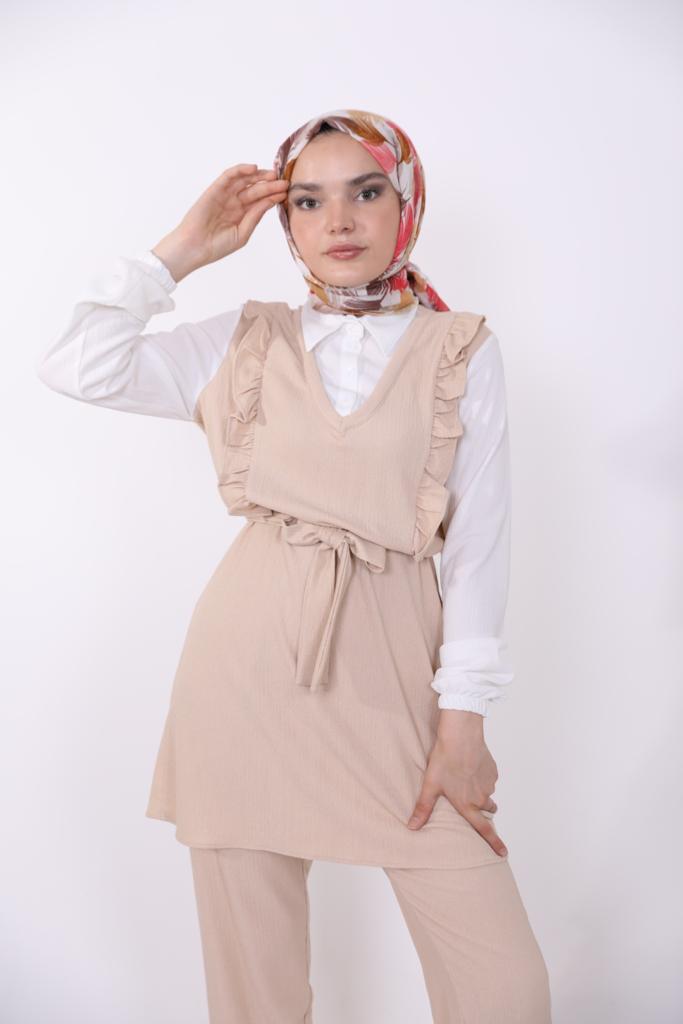 Frilly Front Shirt Detailed Suit Beige