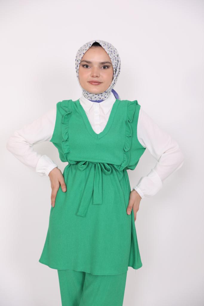 Frilly Front Shirt Detailed Suit Green