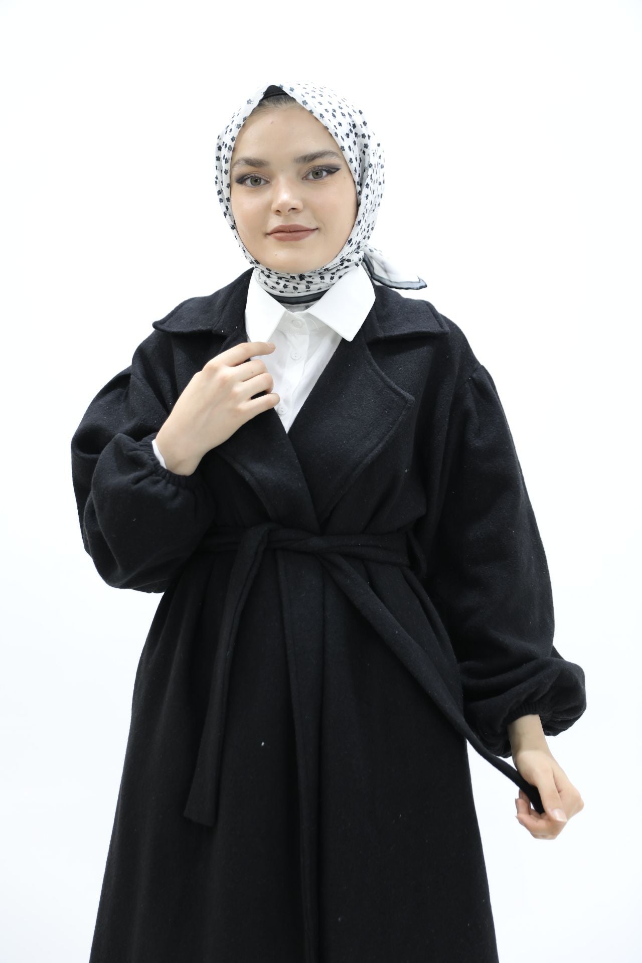 Balloon Sleeve Belted Coat Black