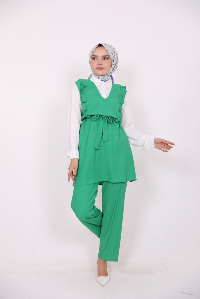 Frilly Front Shirt Detailed Suit Green