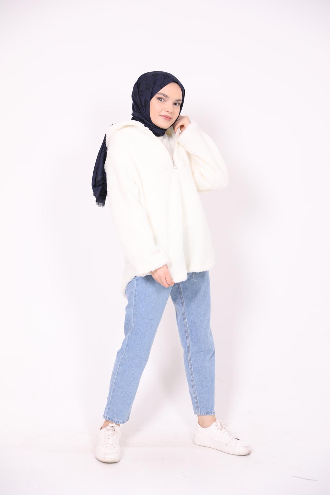 Kapşonlu Peluş Sweat Beyaz