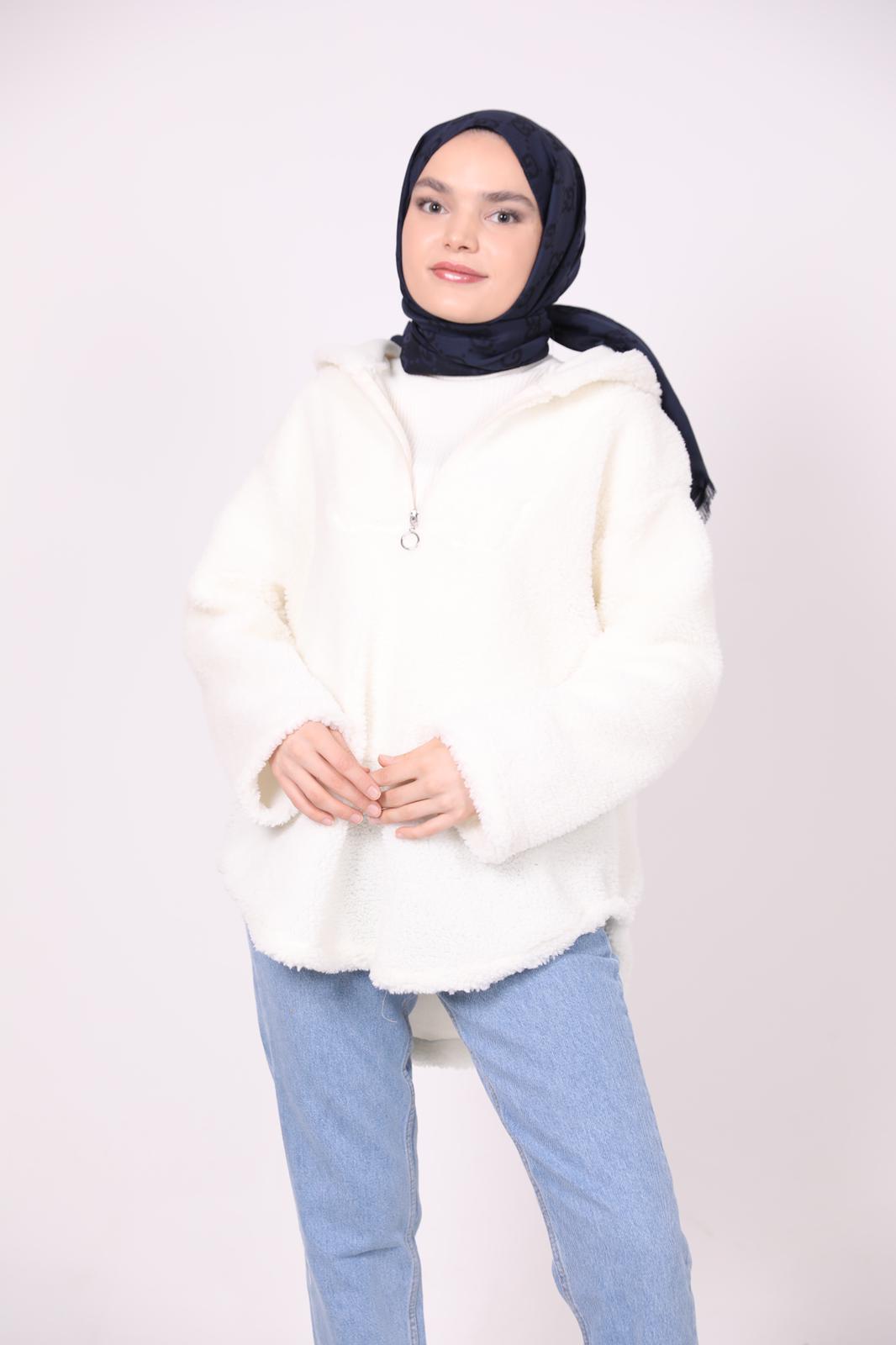 Kapşonlu Peluş Sweat Beyaz