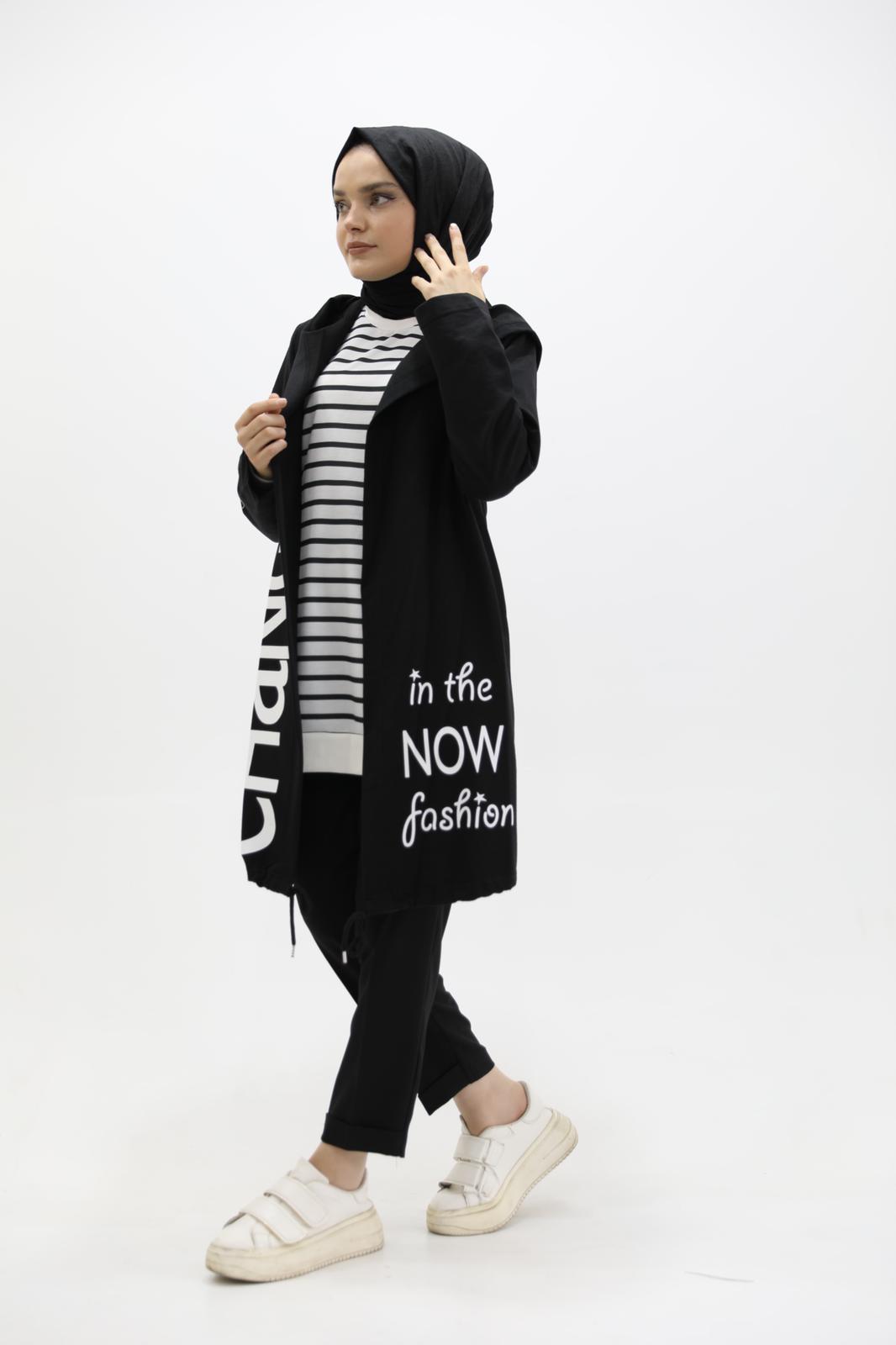 Printed Hooded Sweat Cardigan Black