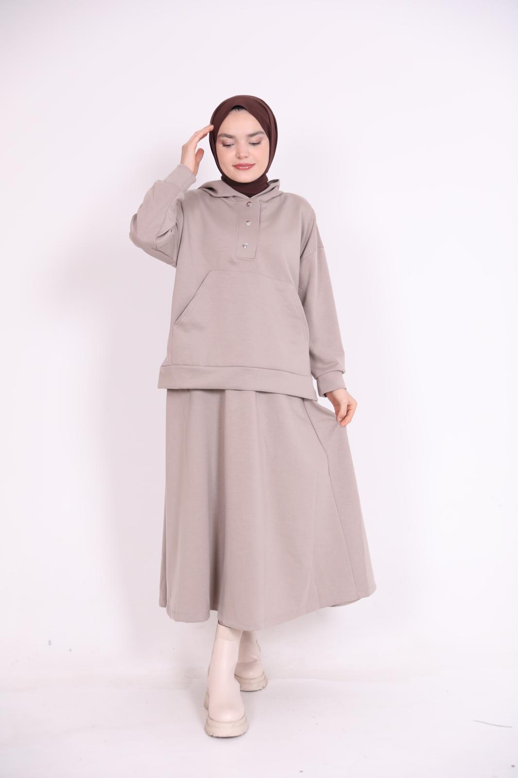 Kangaroo Pocket Hooded Skirt Suit Mink