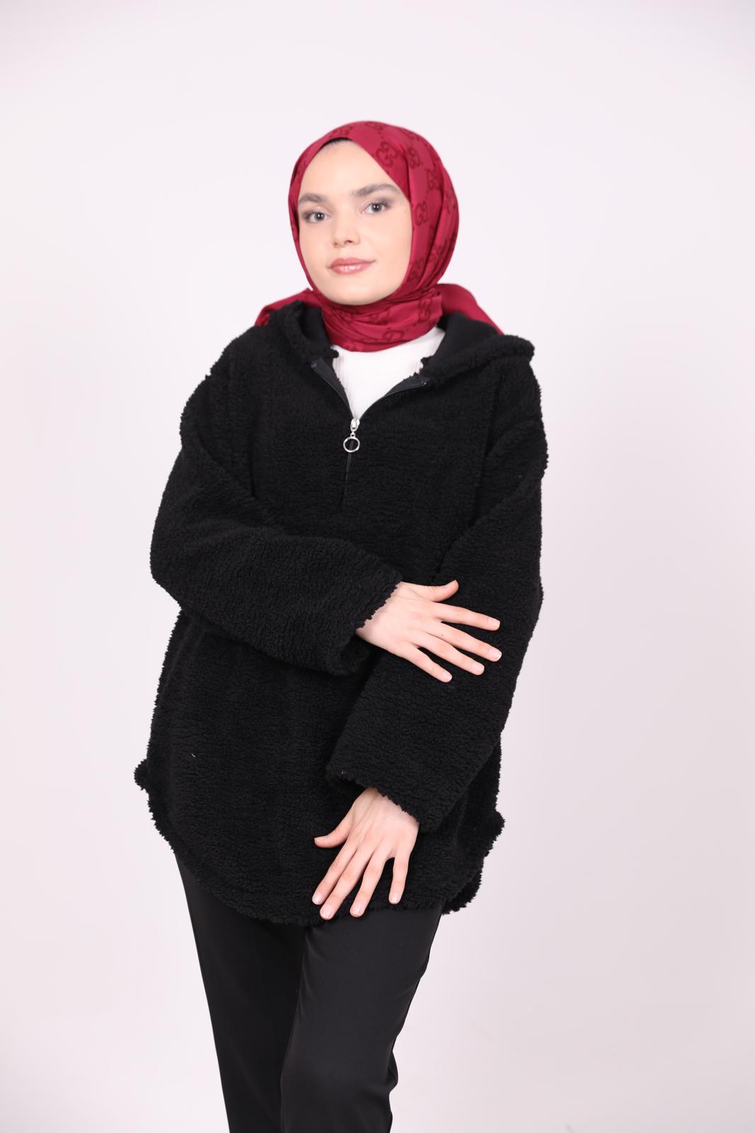 Kapşonlu Peluş Sweat Siyah