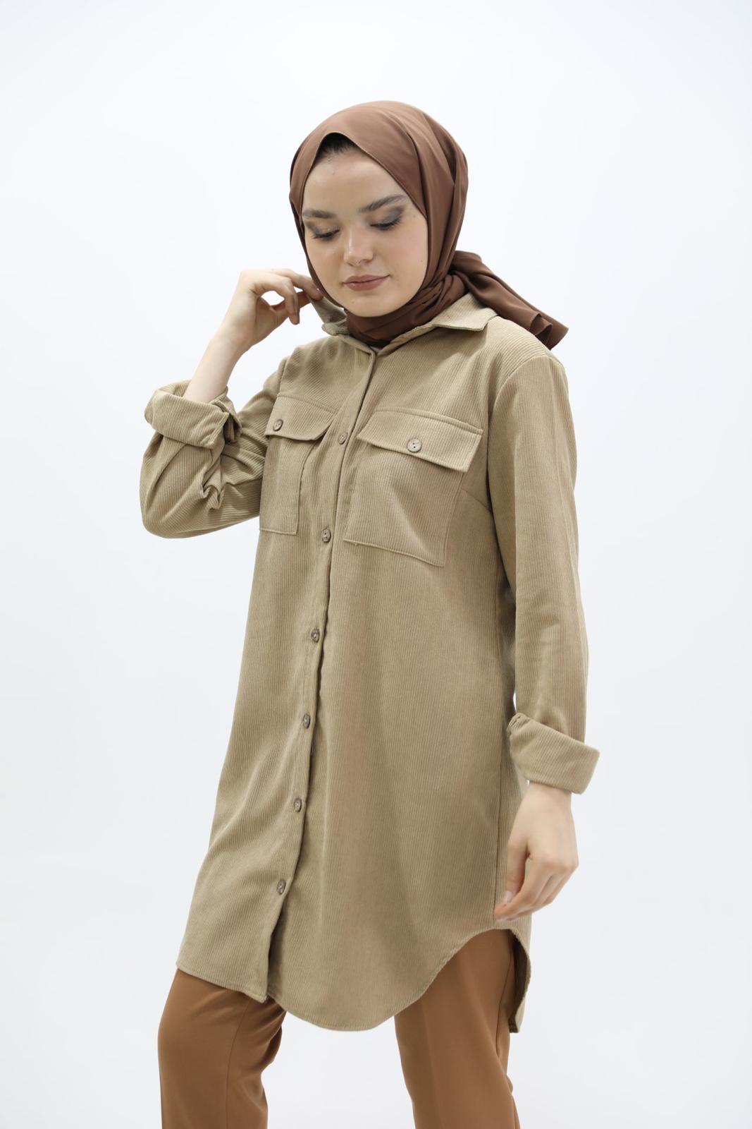 Velvet Shirt with Pockets Beige